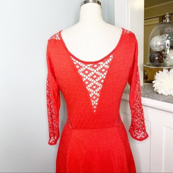 Free People Red Lace Crochet Cut Out Fit & Flare Dress Medium - Picture 8 of 11